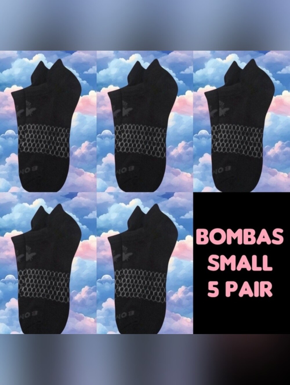 Bombas Ankle Socks Small 5 Pair Womens Honeycomb Black/Grey BNWT